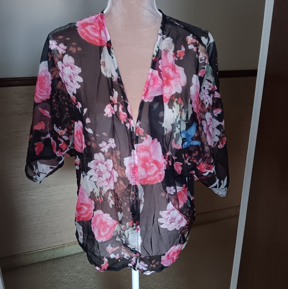 Zanzea ~ Black Pink Sheer Floral Chiffon Kimono – Lightweight Open Front - Picture 1 of 13